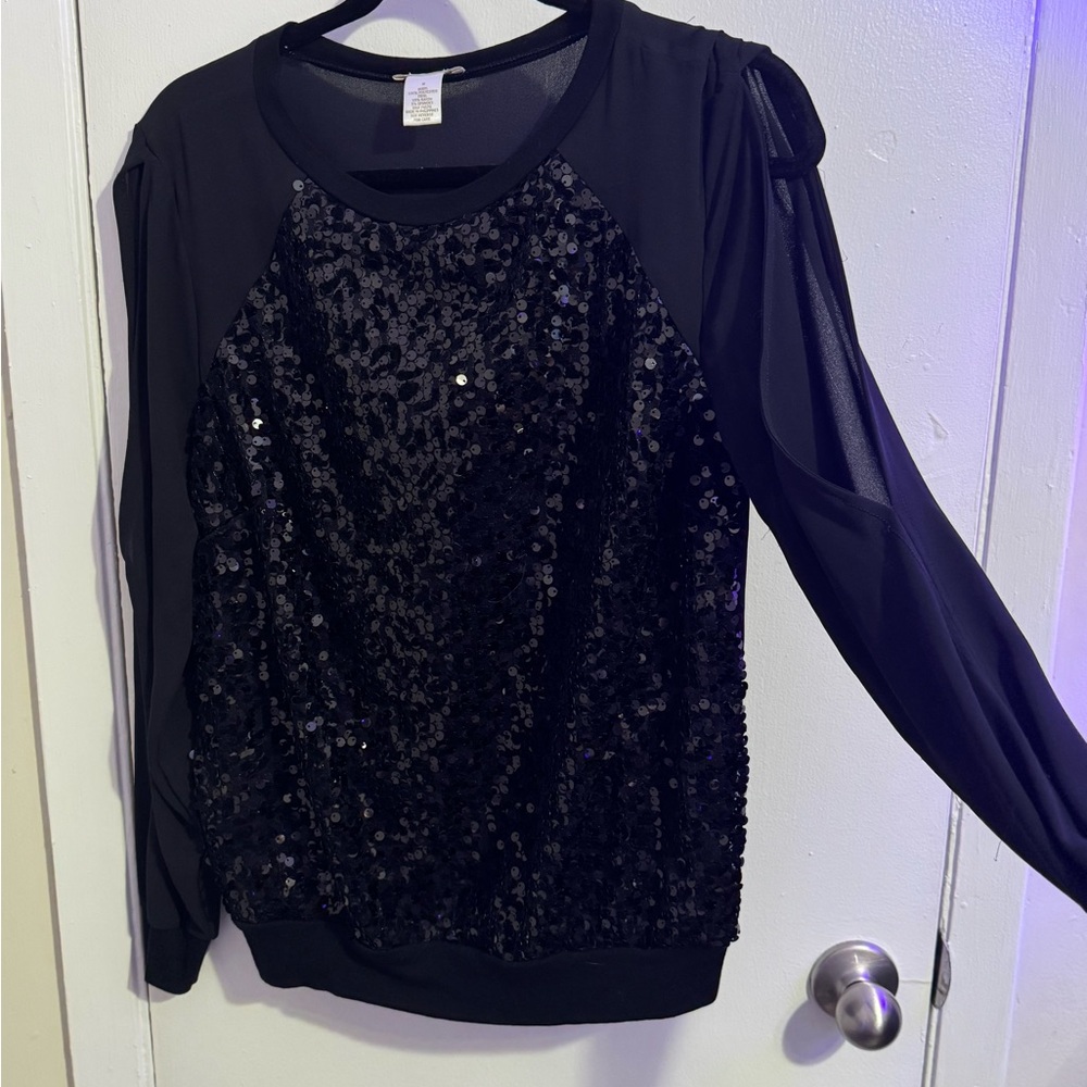 Black Sequin Cold-Shoulder Top
